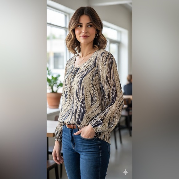 Bechamel Tops - Bechamel  Sheer women’s pullover blouse brown blue   size large long sleeve